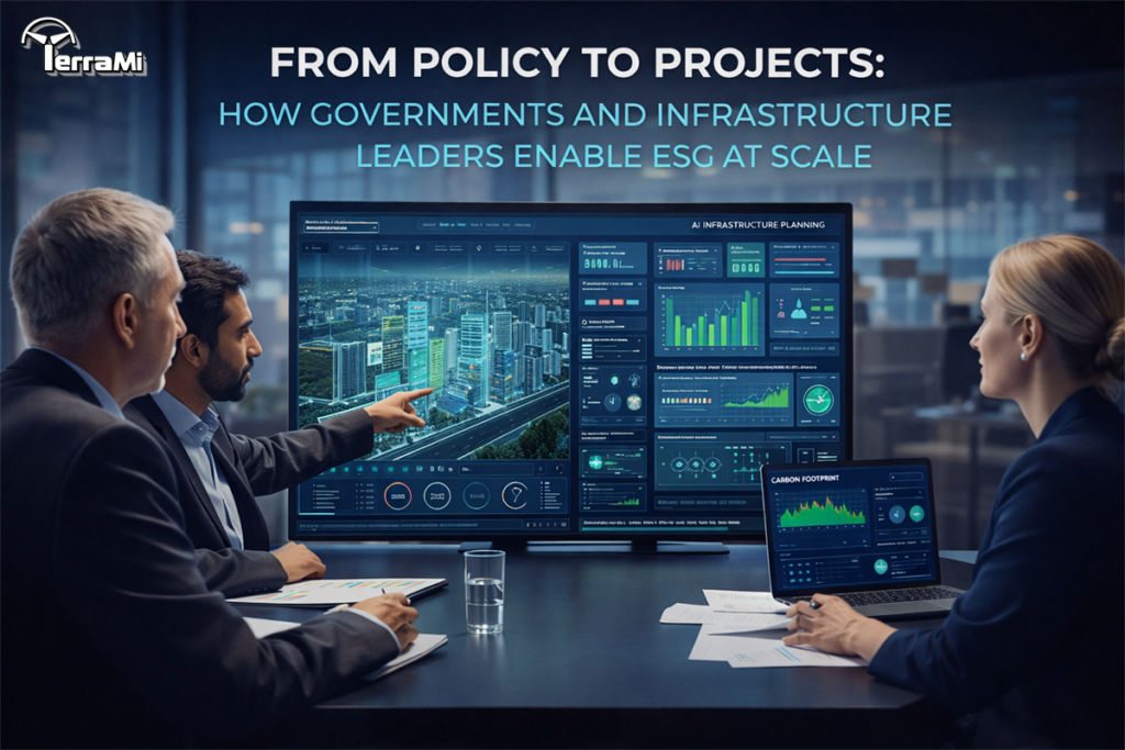 Future-ready infrastructure leaders using digital dashboards and ESG analytics to manage sustainable infrastructure projects.