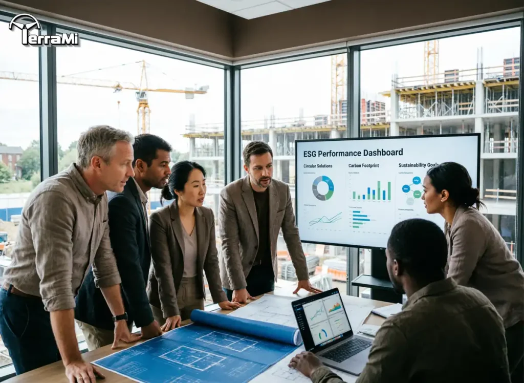 A diverse team of global infrastructure experts analyzing an ESG Performance Dashboard featuring circular solutions and sustainability goals in a modern site office.