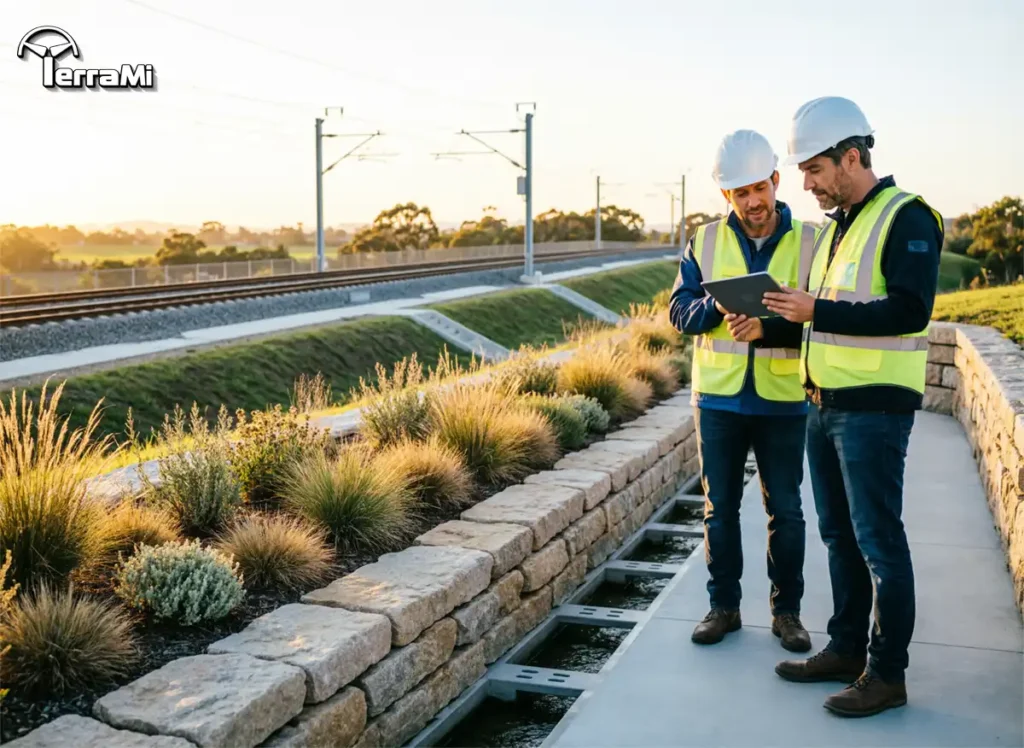 Nature-Positive Infrastructure with engineered bioswale and wildlife corridor.