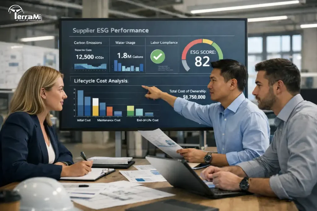 A professional team at TerraMi implementing Green Procurement in Infrastructure through AI-driven ESG scoring and lifecycle cost analysis.