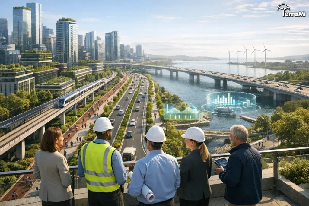 A diverse team of international engineers—including men and women of Caucasian, African, and Middle Eastern descent—overlooking a modern, resilient city with high-speed rail, digital twin holograms, and wind turbines, representing Future-Ready Infrastructure.