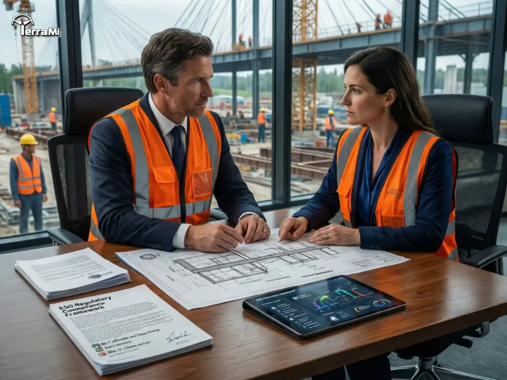 Two professional engineers, a man and a woman, discussing ESG regulatory compliance over project blueprints and a digital dashboard with English labels.