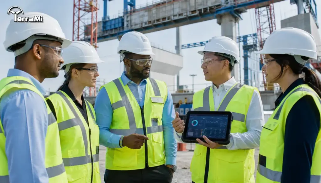 A professional engineering team analyzing Digital ESG Blind Spots on a modern construction site.