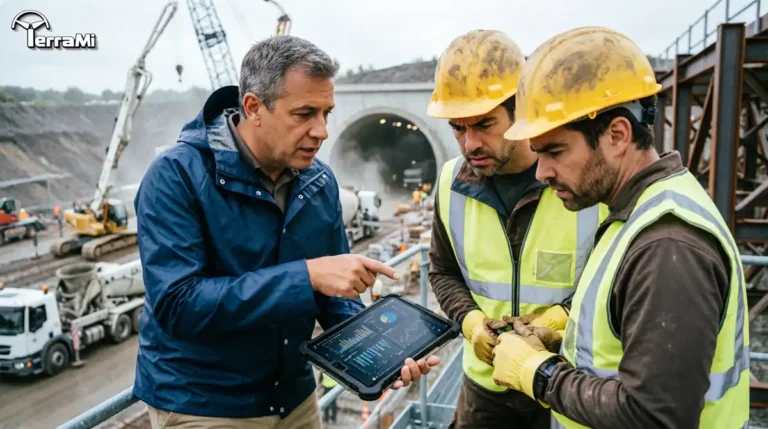 Project manager showing real-time data on a rugged tablet to site engineers at a large-scale construction site, illustrating governance and accountability in high-risk projects.
