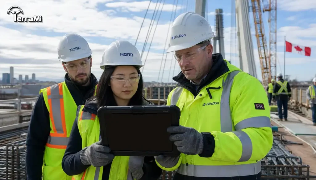Professional engineers reviewing real-time ESG metrics on an infrastructure construction site.