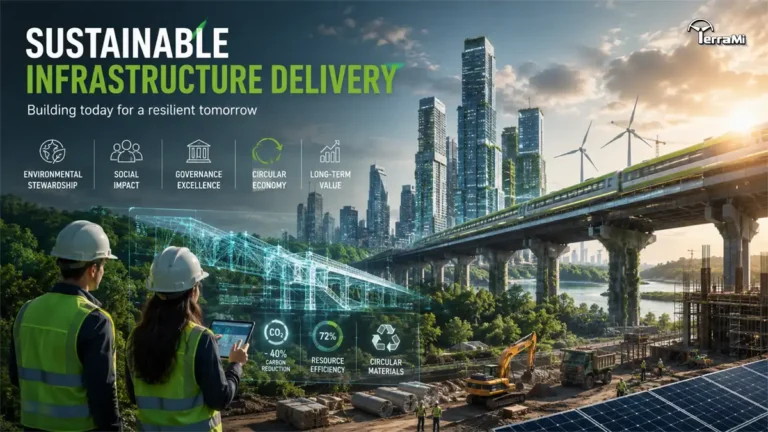 Engineers reviewing a sustainable infrastructure project with digital twin technology, renewable energy systems, and resilient urban development.