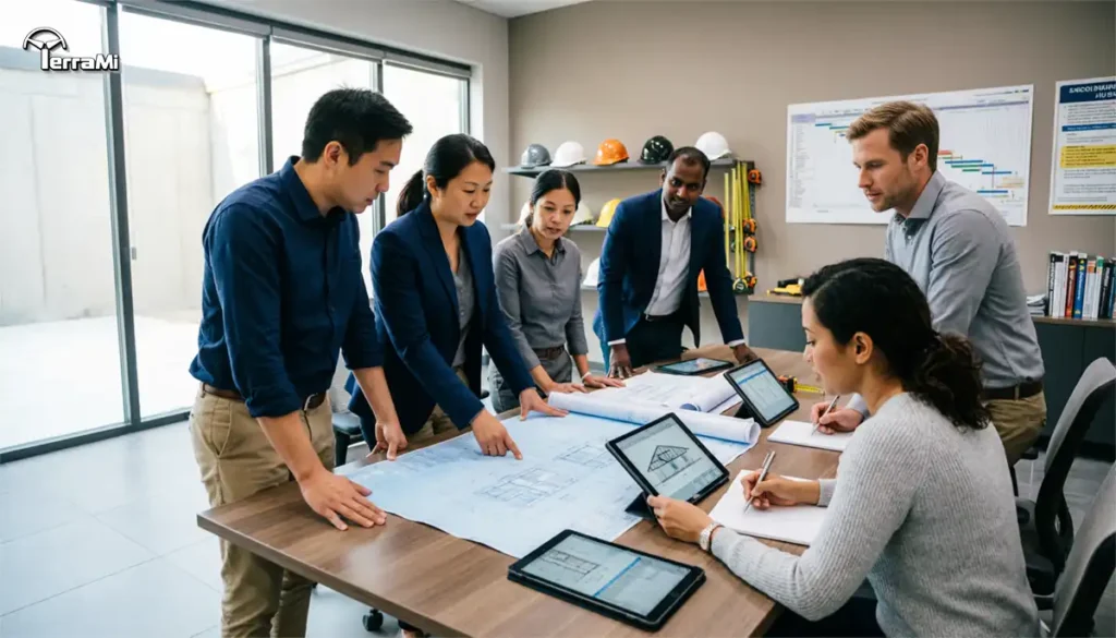 A diverse professional team discussing strategies to manage Workforce Stability Risks on a construction site.