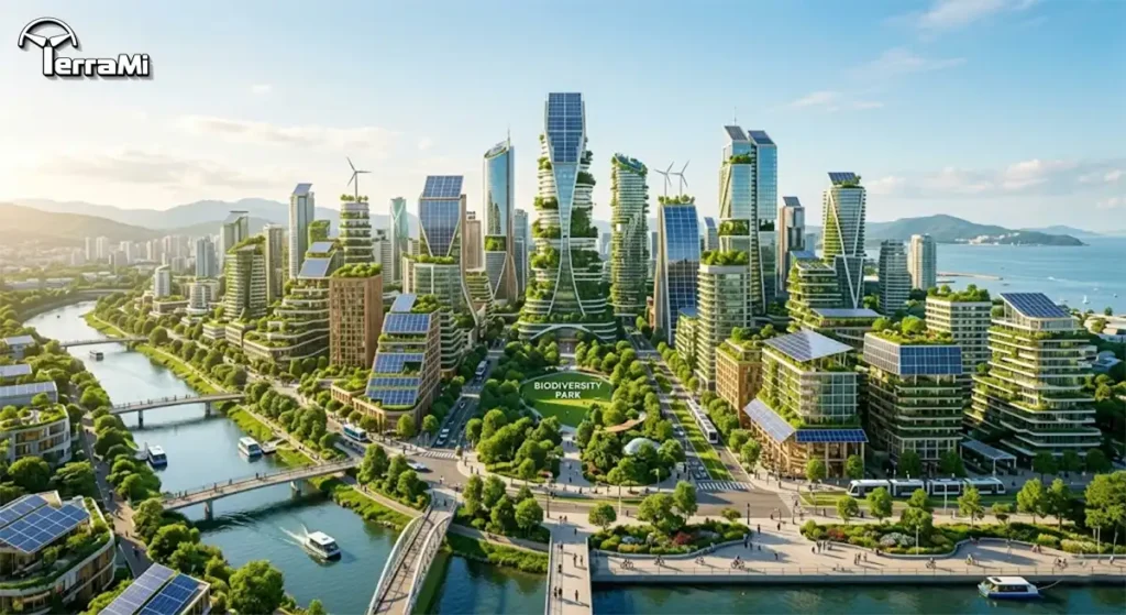 A futuristic yet realistic city skyline representing the goals of Asset Management Decarbonization.