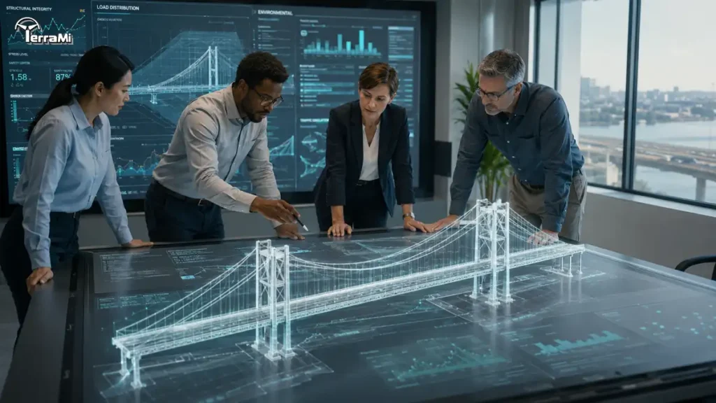 Professional engineers analyzing Responsible Digitalization Risks in a smart infrastructure project.
