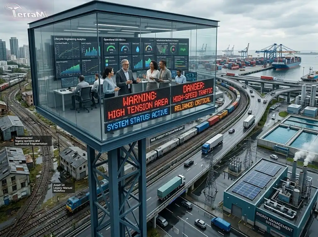 Infrastructure professionals monitoring integrated sustainable infrastructure systems through operational intelligence and resilience analytics.