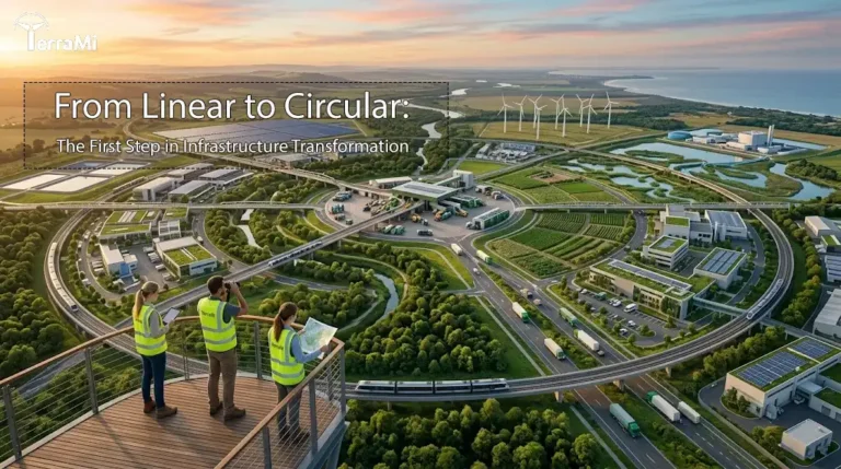 Circular infrastructure ecosystem integrating transportation, renewable energy, water systems, and natural landscapes