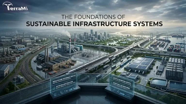 Modern sustainable infrastructure systems integrating transportation, energy, industrial operations, and infrastructure intelligence within a resilient operational ecosystem.