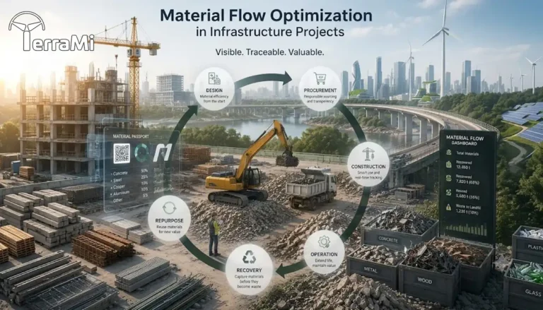 Detailed infographic showcasing Material Flow Optimization in an infrastructure project, displaying a circular lifecycle loop from design to recovery with real-time tracking dashboards on a realistic construction site.
