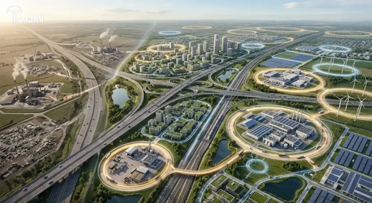 circular infrastructure barriers illustrated through interconnected transport and material flow systems