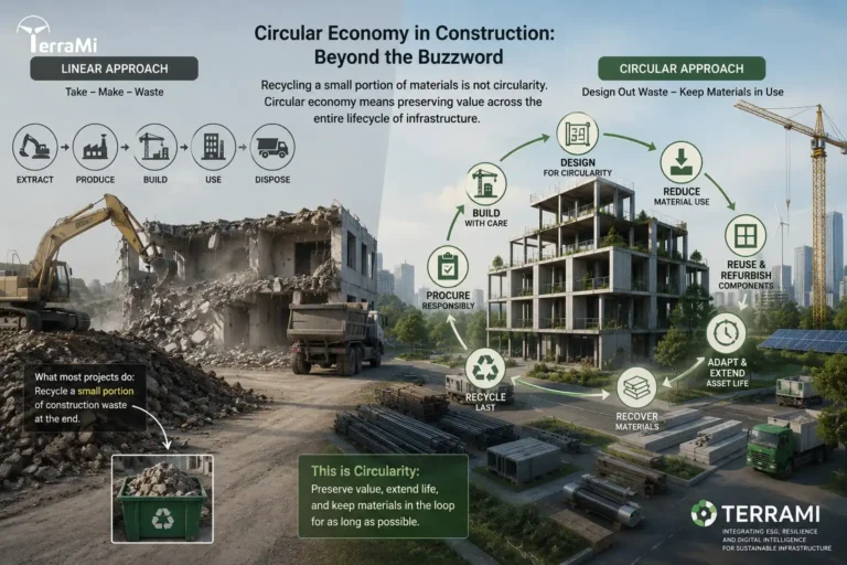 Comparison of linear and circular construction approaches showing demolition and waste disposal versus design for circularity, material recovery, reuse, refurbishment, and lifecycle value preservation in modern infrastructure.