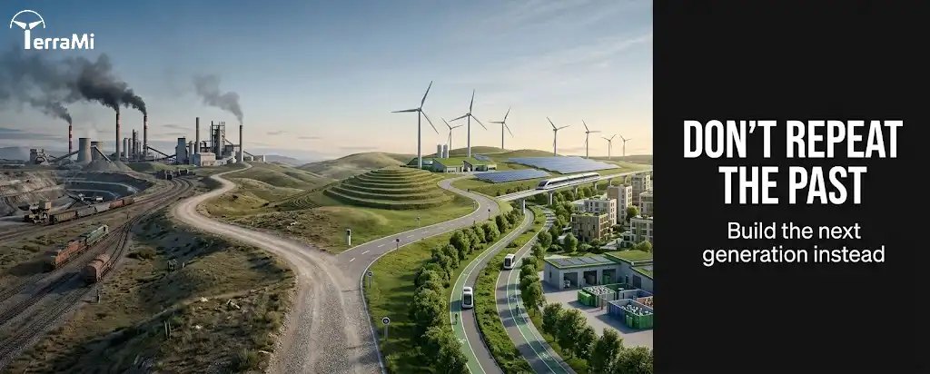 Editorial banner illustrating the choice between linear growth and circular infrastructure development
