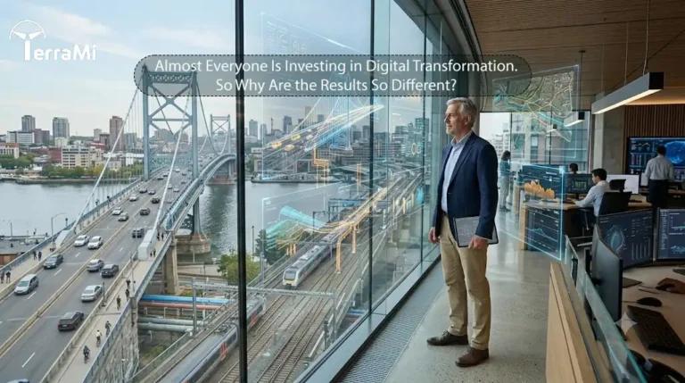 Digital Transformation in Infrastructure visualizing integrated engineering data, BIM, GIS, and Digital Twin technologies supporting infrastructure decision-making.