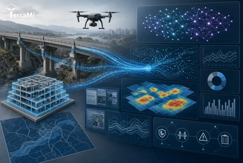 AI in civil engineering visualizes how fragmented infrastructure data from sensors, drones, BIM models, GIS maps and inspection records are transformed into actionable insights through pattern recognition and decision support systems.
