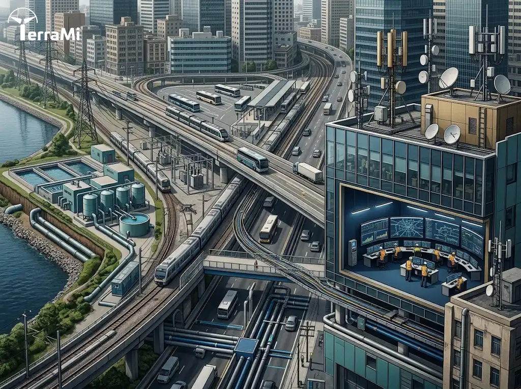 Smart cities connecting transport, energy, water, buildings, and communications infrastructure systems