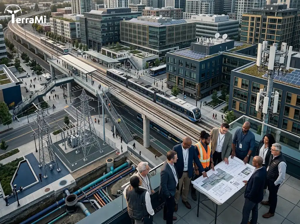 Systems thinking showing interconnected smart city infrastructure around a transport project