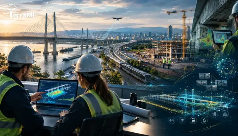 Civil engineers reviewing bridge inspection data and AI-assisted analysis in intelligent infrastructure systems