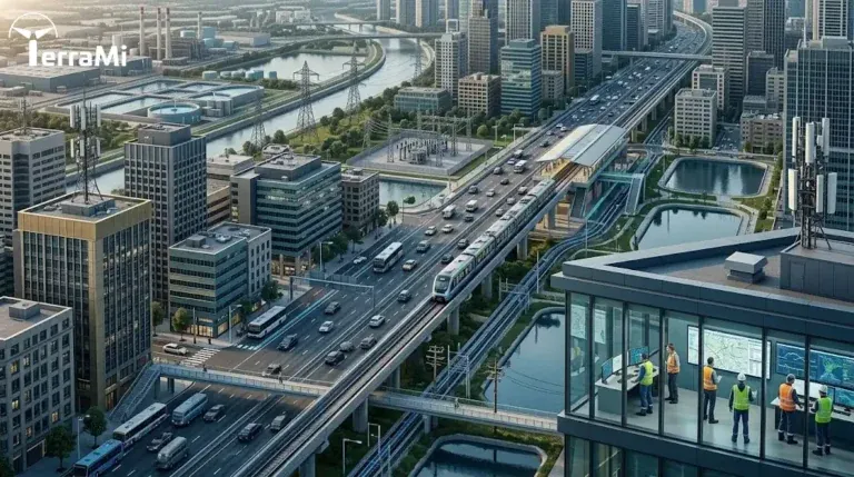 Smart cities with integrated infrastructure networks connecting transport, energy, water, buildings, and digital systems